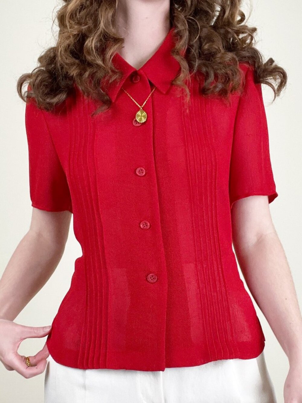 Vintage 90s Pleated Short Sleeve Button Up Down Blouse Top Preppy Bowling Shirt